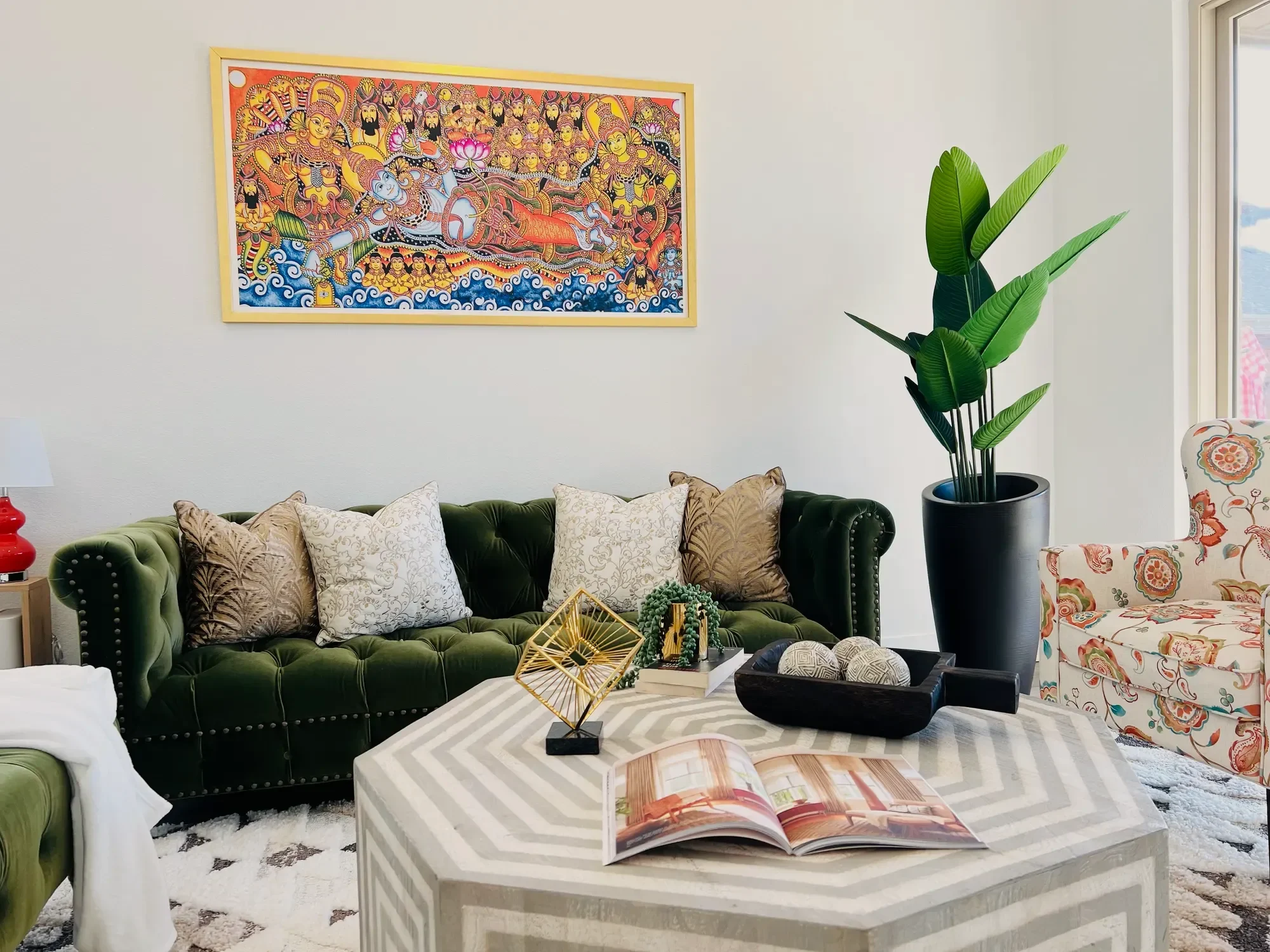 A CoziZone interior in Frisco, Texas blending contemporary furnishings with Indian heritage artwork